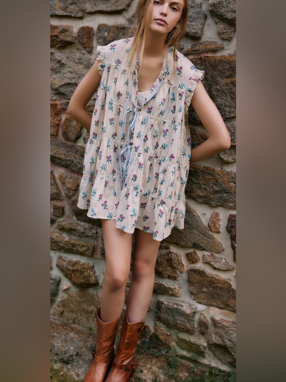 NWT Free People M Sundown Floral Tunic Mini in Ivory Combo $148 Cotton Pockets